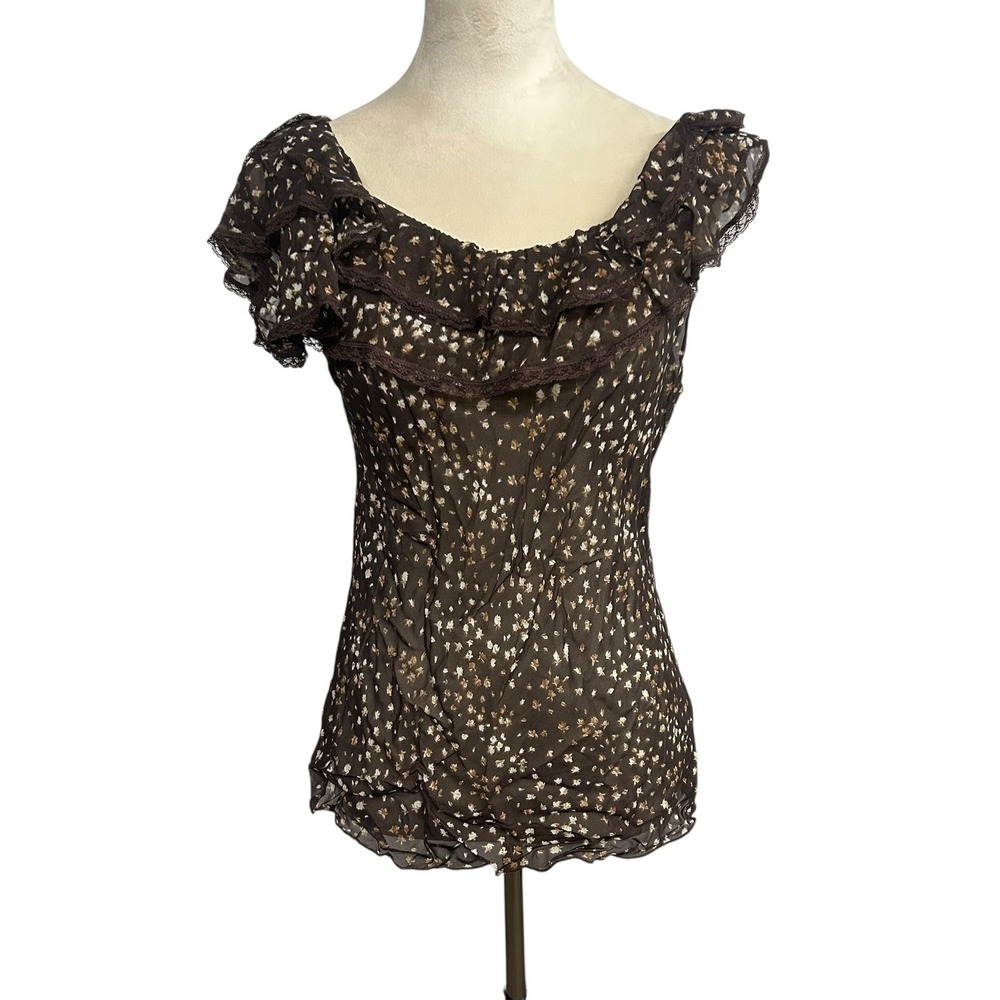 Floral Sheer Ruffle Blouse Womens 40 M Romantic Boho Feminine‎ Parisian Chic Top